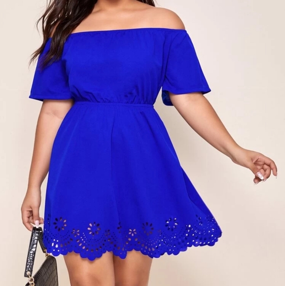 Off Shoulder Laser Cut Hem Dress - Picture 1 of 6